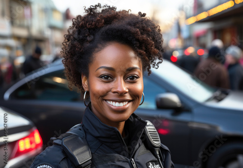 Portrait of Black woman police officer on street smiling photo