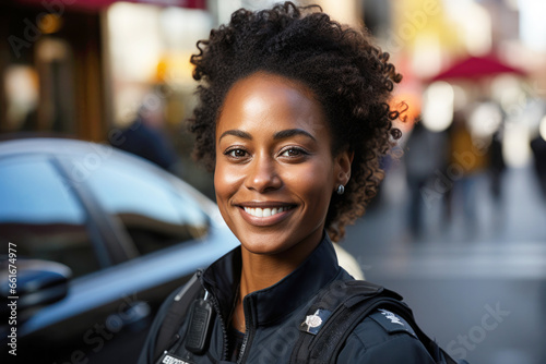 Portrait of confident Black woman police officer on street smiling photo