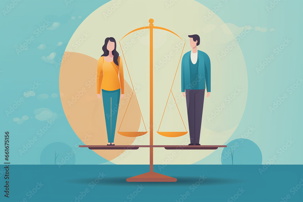 a simple graphic showing a woman and a man standing on two sides of a scale. An image showing equality and the fight for women's rights