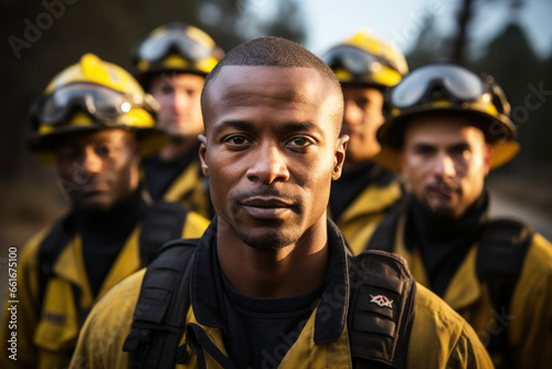 Group portrait of black firefighters in uniforms outside working