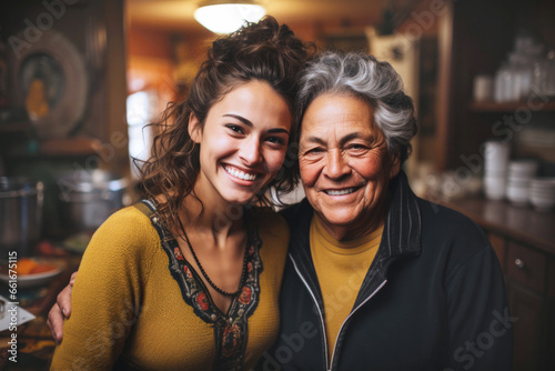 Portrait of hispanic grandmother and granddaughter in kitchen home photo