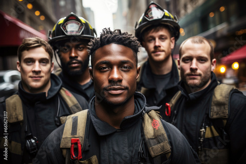 Group portrait of mixed race firefighters in uniforms on city street