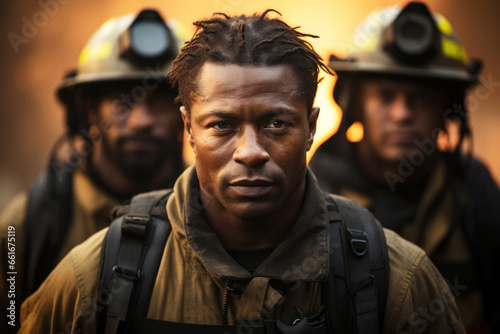 Group portrait of black firefighters in uniforms in front of wildfire photo