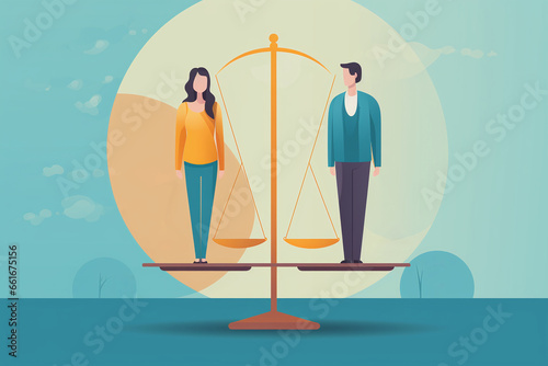 Obraz na płótnie a simple graphic showing a woman and a man standing on two sides of a scale. An image showing equality and the fight for women's rights w salonie