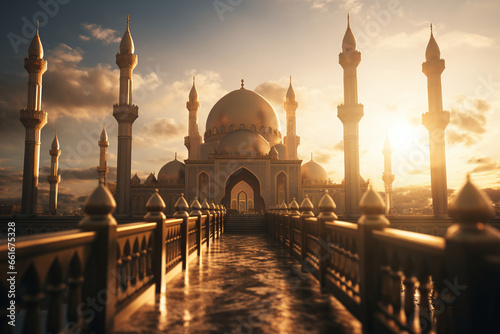 a beautifully decorated mosque gently illuminated by sunlight photo