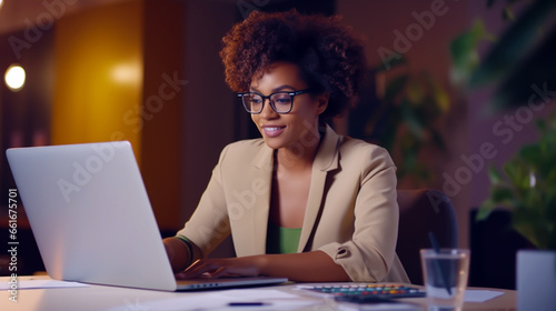SMILING AFRICAN AMERICAN BUSINESSWOMAN WORKING ON A LAPTOP. HORIZONTAL IMAGE. image created by legal AI