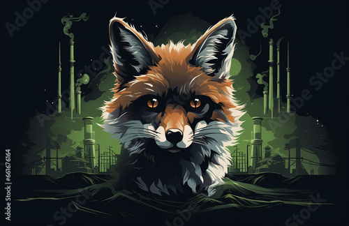 illustration of fox with a black background, smoke stacks and oil, environmental awareness