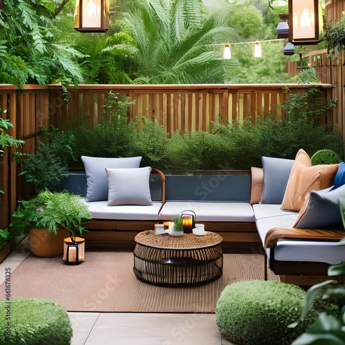 A bohemian-inspired outdoor patio with floor cushions, hanging lanterns, and lush greenery3, Generative AI photo