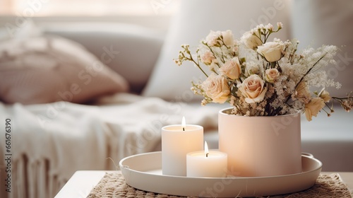 Flowers in vase and buring candles in living room, cosy winter interior home decor, calm and relax living mockup arrangement, Generative ai