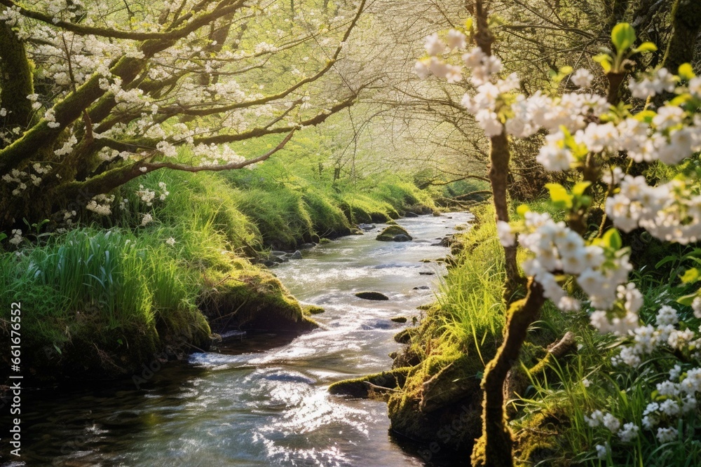 close-up of a stunning stream in spring. Generative AI