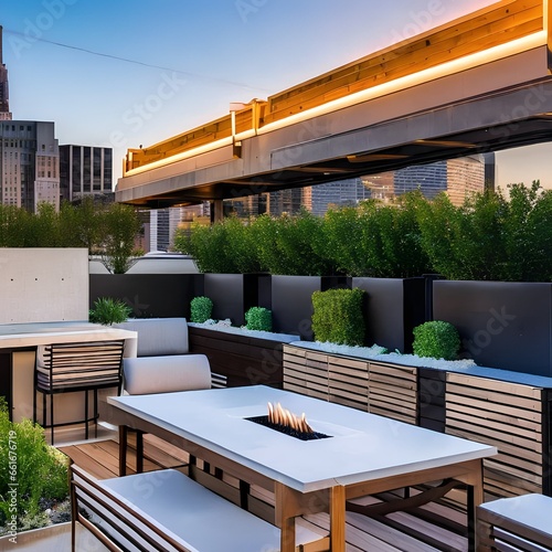 A modern, urban rooftop bar with sleek outdoor furniture, a fire pit, and panoramic city views5, Generative AI photo