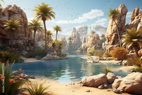 A scenic oasis amidst sandy desert, depicted in a 3D rendering. Generative AI