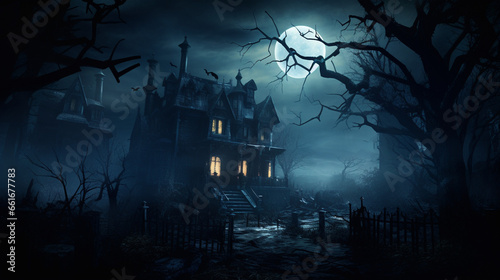 A haunted house at night, moon background, scary, mansion for halloween