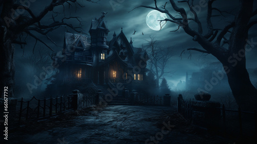 A haunted house at night, moon background, scary, mansion for halloween