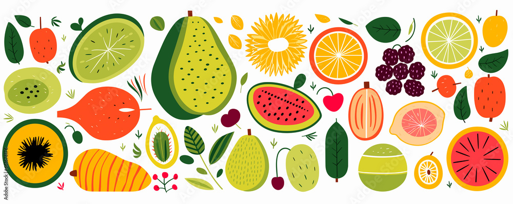 Obraz na płótnie Fruit collection in flat hand drawn style, illustrations set. Tropical fruit and graphic design elements. Ingredients color cliparts. Sketch style smoothie or juice ingredients w salonie