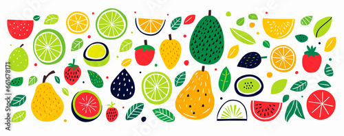 Fruit collection in flat hand drawn style, illustrations set. Tropical fruit and graphic design elements. Ingredients color cliparts. Sketch style smoothie or juice ingredients