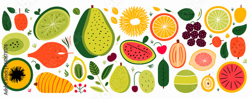 Fruit Vegetable collection flat hand drawn sketch illustration set. Tropical smoothy juice Ingredients graphic design elements. color clipart photo