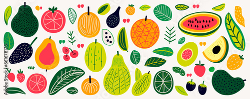 Fruit collection in flat hand drawn style, illustrations set. Tropical fruit and graphic design elements. Ingredients color cliparts. Sketch style smoothie or juice ingredients