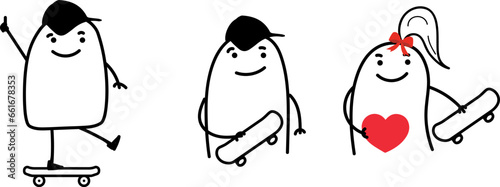 Thumb man. Skateboarder. Skateboard outfit. Boy riding a skateboard. Girl love skate. Charcter emotional. New set of characters in the style of meme flork. photo