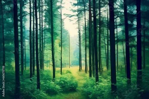 Green forest background with woods and evergreen trees. Natural artwork. Generative AI