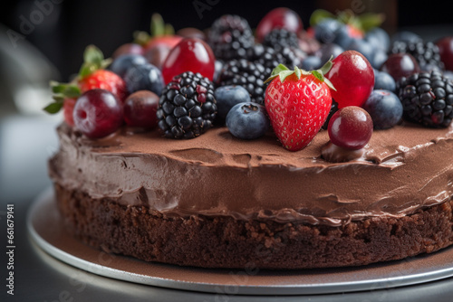 Chocolate cake with berries on top generative AI