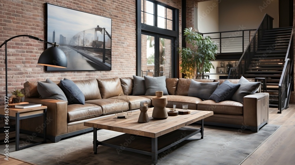 Industrial living room with exposed brick and metal accents
F