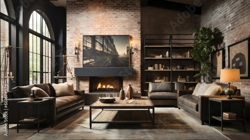 Industrial living room with exposed brick and metal accents 