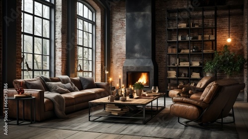 Industrial living room with exposed brick and metal accents F © Halim Karya Art