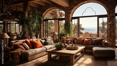 Mediterranean living room with warm, earthy color schemes 