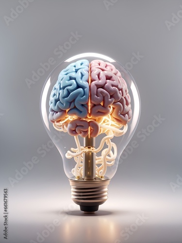 a brain inside a light bulb glows brightly against a dark background, AI generated.