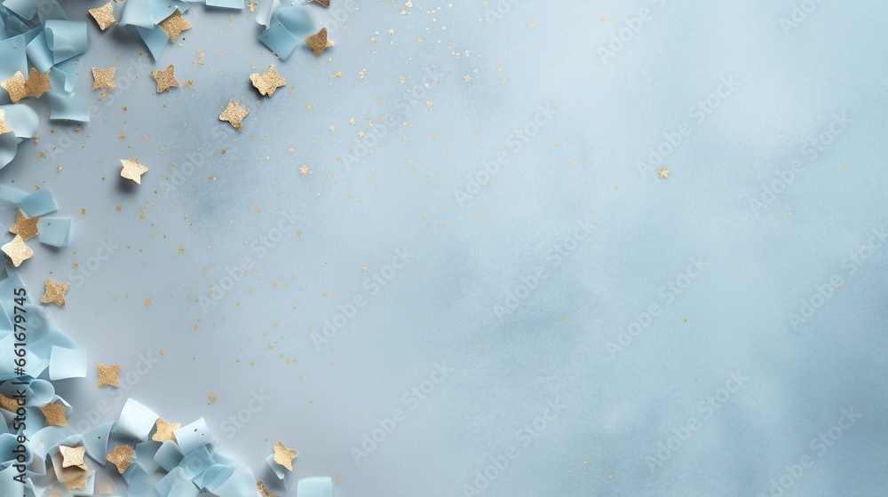 space for text on light blue textured background surrounded by gold bars and diamonds from top view, background image, AI generated - obrazy, fototapety, plakaty 