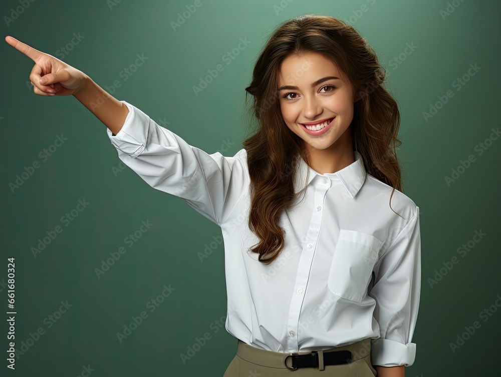 A cheerful young woman, teal background, a vibrant smile, long wavy brunette hair, crisp white blouse, front pocket and button details, confidence, she points towards something outside the frame. A cheerful young woman, teal background, a vibrant smile, long wavy brunette hair, crisp white blouse, front pocket and button details, confidence, she points towards something outside the frame.