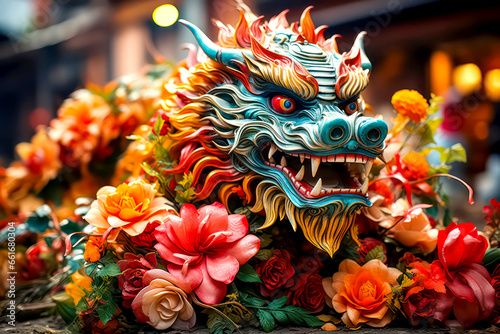 A street with a giant Chinese dragon embodying traditional folklore and the zodiac symbol of luck, strength and power.