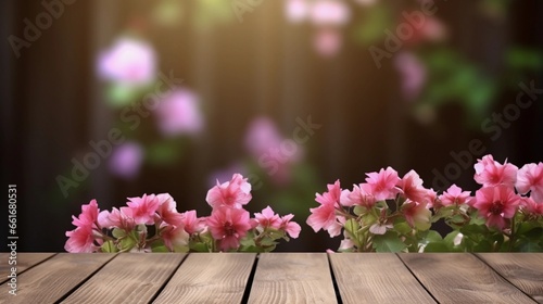 space for text on wooden textured background surrounded by Geranium flowers from top view  background image  AI generated