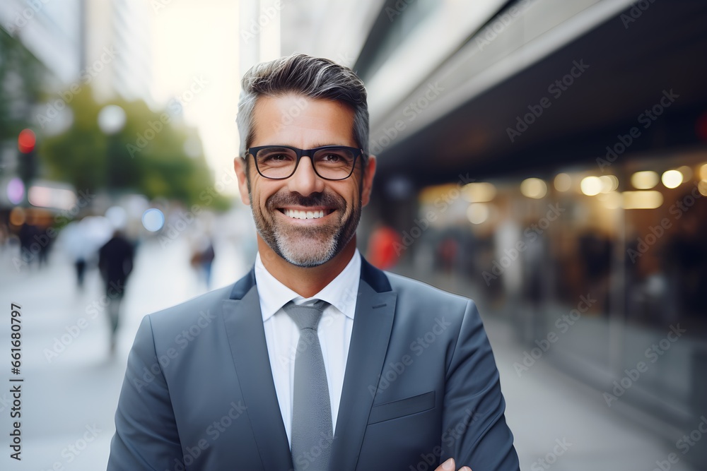 Portrait of a handsome mature businessman in eyeglasses standing outside
