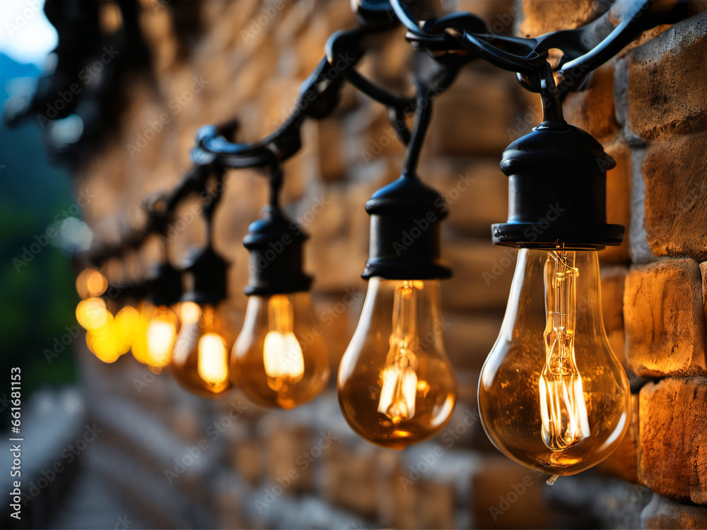 Obraz premium Close-up of a light bulb hanging on a stone wall