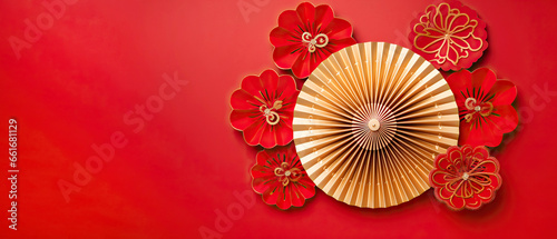 Red and gold paper fan Chinese decoration background for lunar new year concept