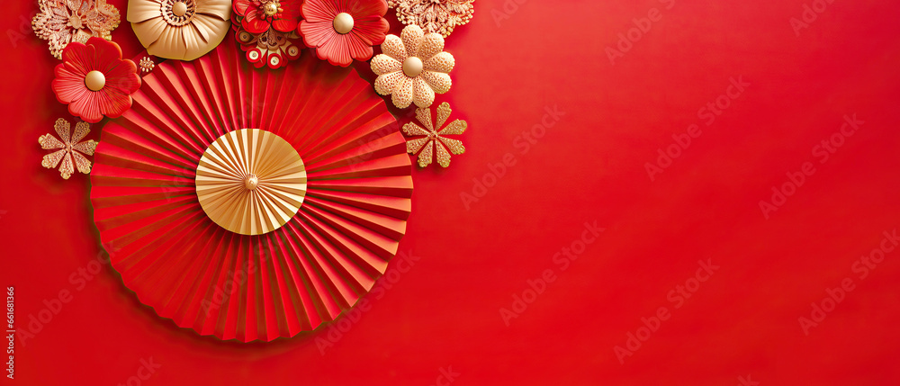 Red and gold paper fan Chinese decoration background for lunar new year concept