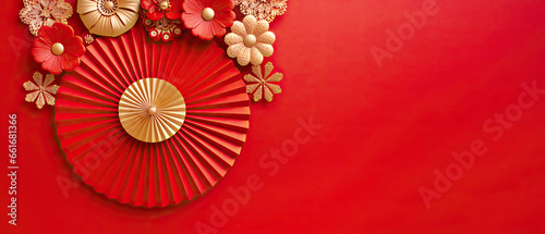 Red and gold paper fan Chinese decoration background for lunar new year concept