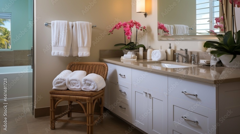 A bathroom with a full hamper in the corner and makeup/toiletries in the background
A bathroom with a full hamper in the corner and makeup/toiletries in the background