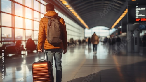 A passenger with suitcase at the airport while waiting for flight. 