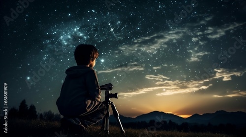 A young astronomer gazing through a powerful telescope 