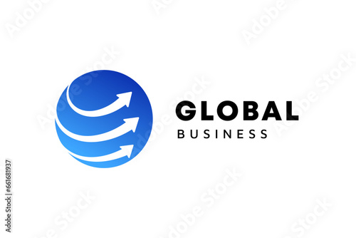 Business logo template. Globe and arrow logo is suitable for global company, world technologies, media and publicity agencies