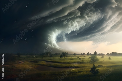 A majestic tornado over a field.