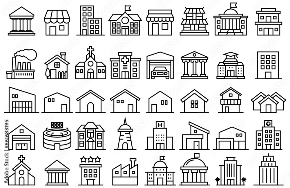 Line vector building icon illustration symbol collection with rich variations
