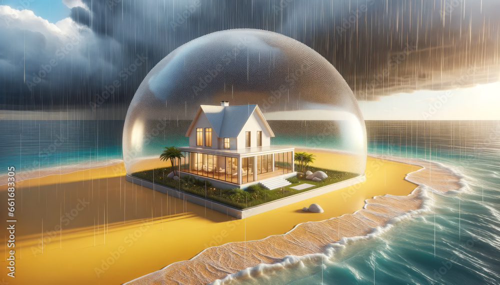 House covered transparent bubble to protect it from rain and storm. Concept of home insurance. Yellow sand. Ai generative