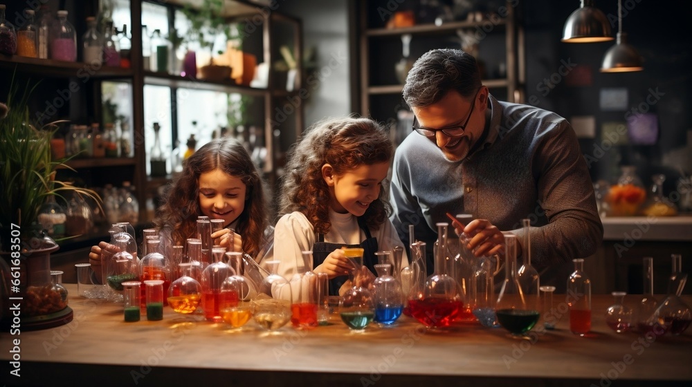 Adults assisting kids in kitchen chemistry experiments
