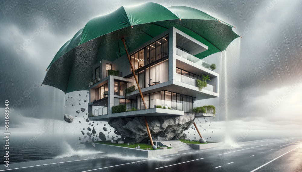 House covered with green umbrella to protect it from rain and storm. Concept of home insurance. Ai generative - obrazy, fototapety, plakaty 