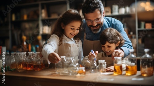 Adults assisting kids in kitchen chemistry experiments 