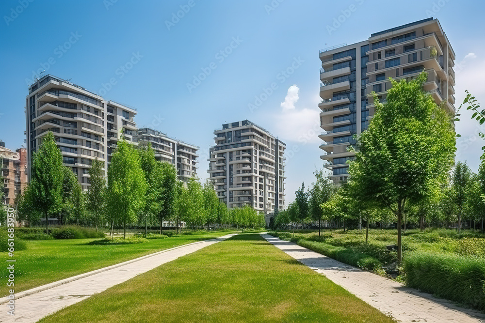 Modern residential buildings in public green areas. Apartment buildings in Europe. Beautiful view of real estate houses. Business district in summer. Hiking area with trees and grass. Generative AI Modern residential buildings in public green areas. Apartment buildings in Europe. Beautiful view of real estate houses. Business district in summer. Hiking area with trees and grass. Generative AI